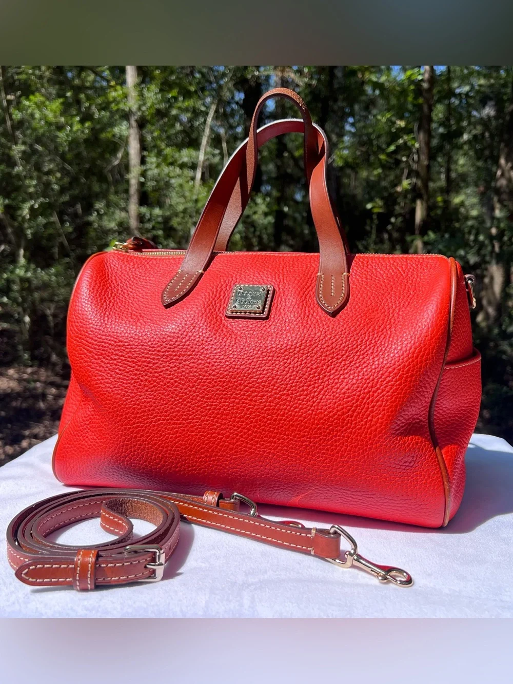 Orange Dooney & Bourke Pebbled Leather Satchel with Brown Trim